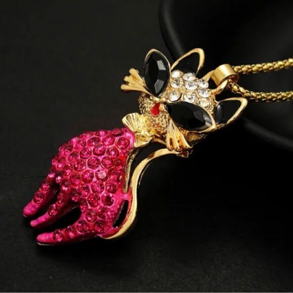 Adorable Rose Crystal Tie Cat Pendant Necklace NWOT - Picture 3 of 3
